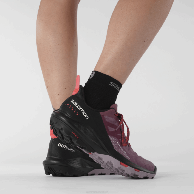 SalomonLF4H1122 kadın yürüyüş ayakkabısı - outpulse gore-tex lale ağacı/siyah/haşhaş kırmızısı