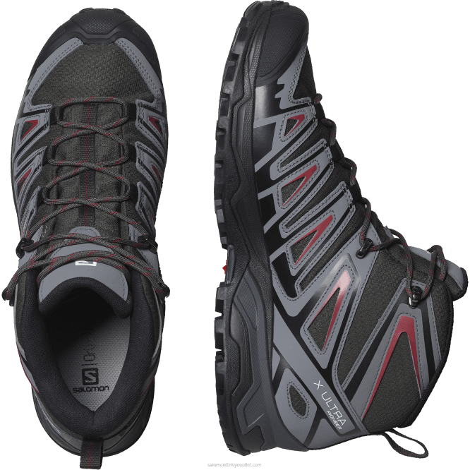 SalomonLF4H39 erkek yürüyüş botları - x ultra pioneer mid clima su geçirmez turba/sessiz gölge/bisiklet kırmızısı