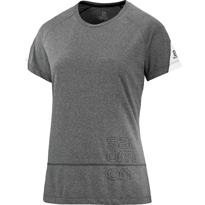 SalomonLF4H892 Kısa kollu kadın tişörtü - çapraz geçişli grafik siyah/melanj/beyaz