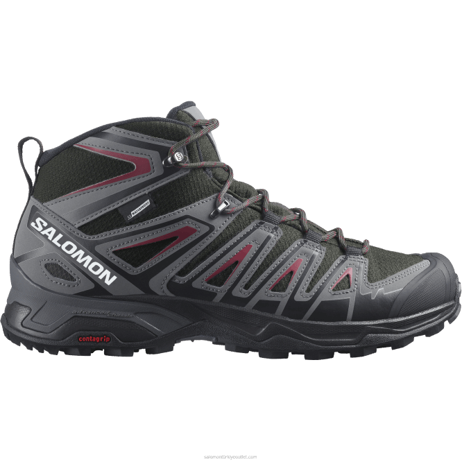 SalomonLF4H39 erkek yürüyüş botları - x ultra pioneer mid clima su geçirmez turba/sessiz gölge/bisiklet kırmızısı